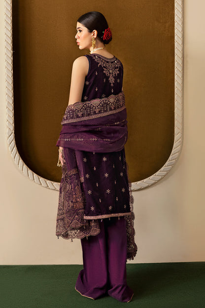 Plum Embroidered Velvet Flared Gown Suit | Organza Dupatta & Raw Silk Trouser – Readymade Pakistani Winter Formal UK | Velvet Vol 6 V-605 - View 3