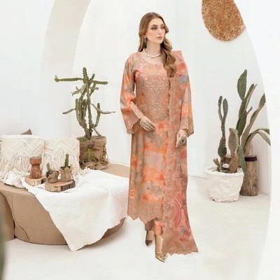 Rust Orange Printed Raw Silk 3-Piece Suit Riwaj J-603