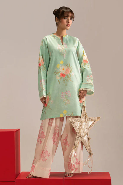 Mint Green Floral Printed Lawn 2-Piece Set | Kurta Shirt & Cream Trouser – Readymade Pakistani Everyday Casual Wear UK | Basic Prints AB-201 - View 4