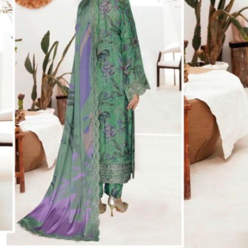 Sage Green & Lavender Printed Raw Silk 3-Piece Suit Riwaj J-613