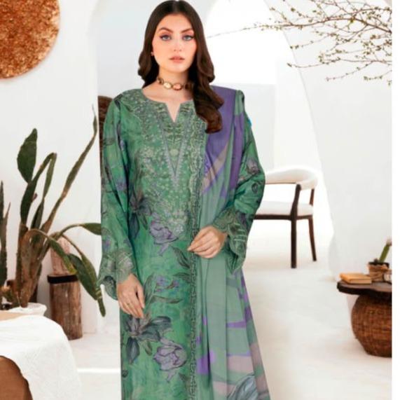 Sage Green & Lavender Printed Raw Silk 3-Piece Suit Riwaj J-613