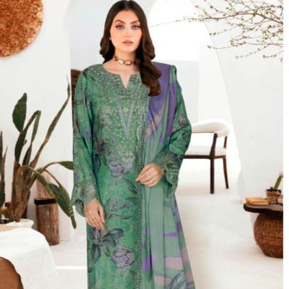 Sage Green & Lavender Printed Raw Silk 3-Piece Suit Riwaj J-613