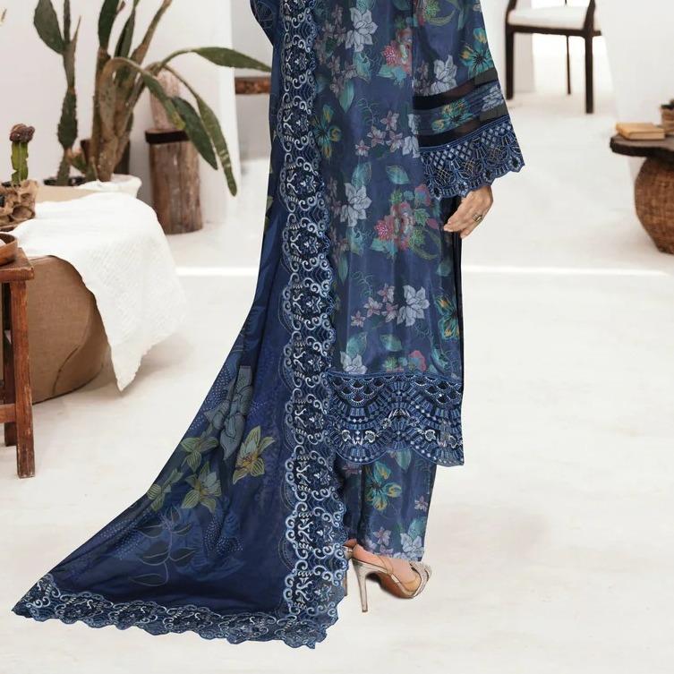Blue Printed Raw Silk 3-Piece Suit Riwaj J-601
