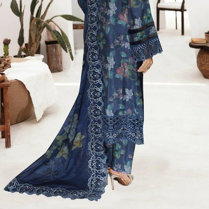 Blue Printed Raw Silk 3-Piece Suit Riwaj J-601