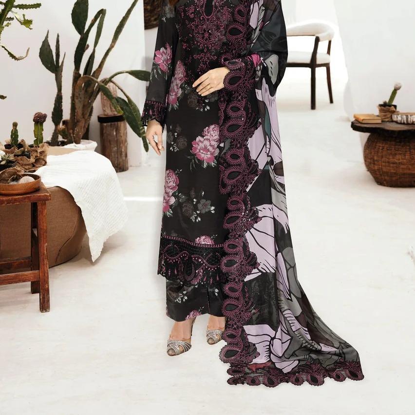 Black Printed Raw Silk 3-Piece Suit Riwaj J-604