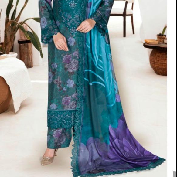 Teal Peacock Green Printed Raw Silk 3-Piece Suit Riwaj J-611