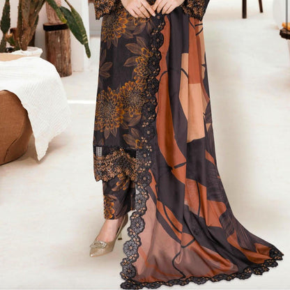 Charcoal Black & Amber Brown Printed Raw Silk 3-Piece Suit Riwaj J-608
