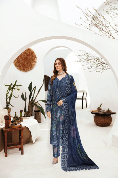 Blue Printed Pure Raw Silk 3-Piece Suit | Sequin Neckline & Silk Dupatta – Readymade Pakistani Semi-Formal Dress UK | Riwaj J-601 - View 1