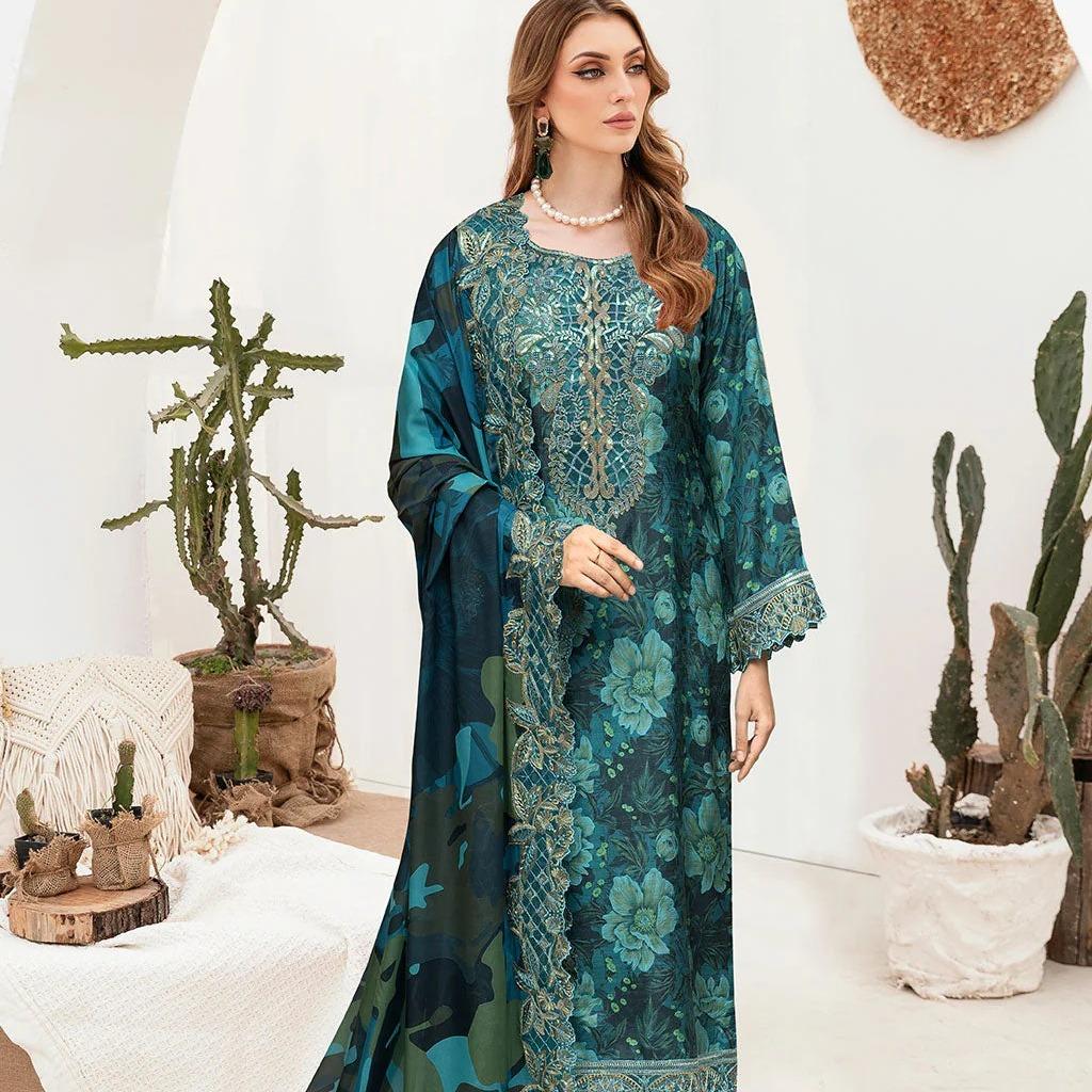 Emerald Green Printed Raw Silk 3-Piece Suit Riwaj J-606