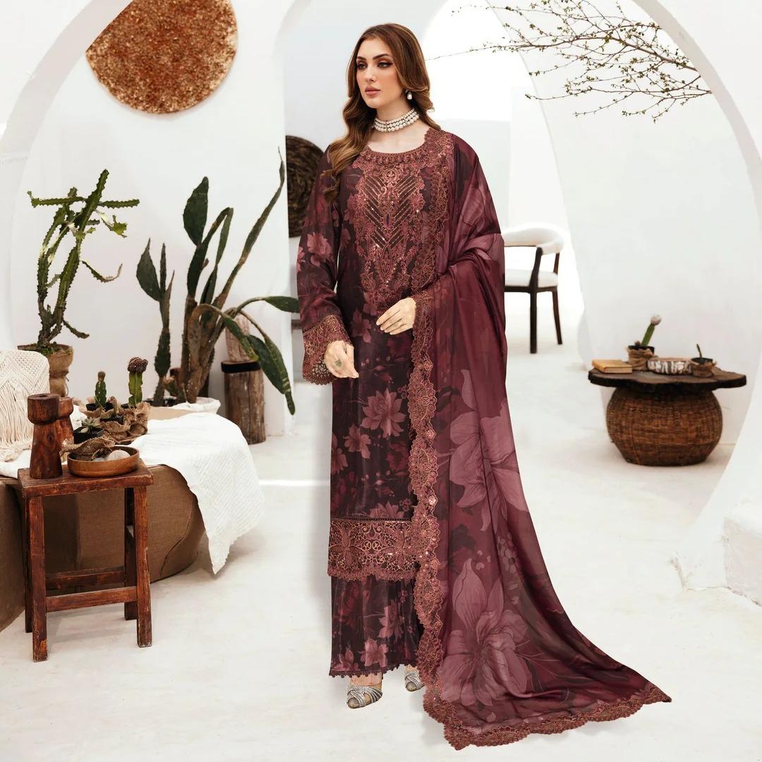 Teal Green Printed Raw Silk 3-Piece Suit Riwaj J-602
