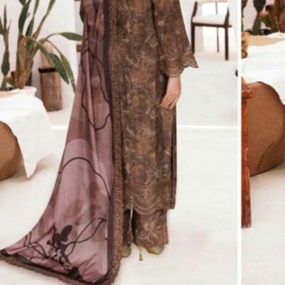 Mocha Coffee Brown Printed Raw Silk 3-Piece Suit Riwaj J-614