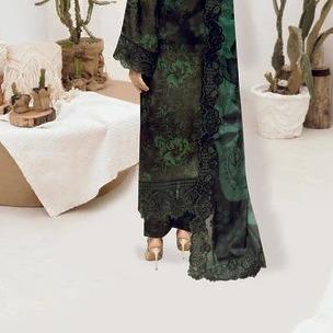 Dark Green Printed Raw Silk 3-Piece Suit Riwaj J-605