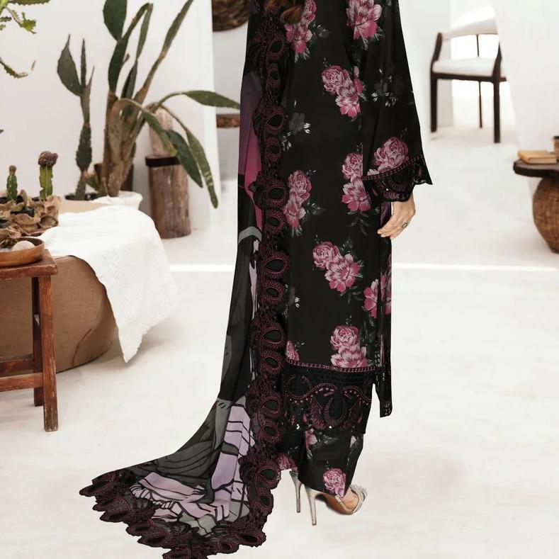 Black Printed Raw Silk 3-Piece Suit Riwaj J-604
