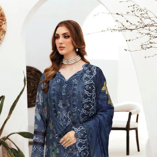 Blue Printed Raw Silk 3-Piece Suit Riwaj J-601