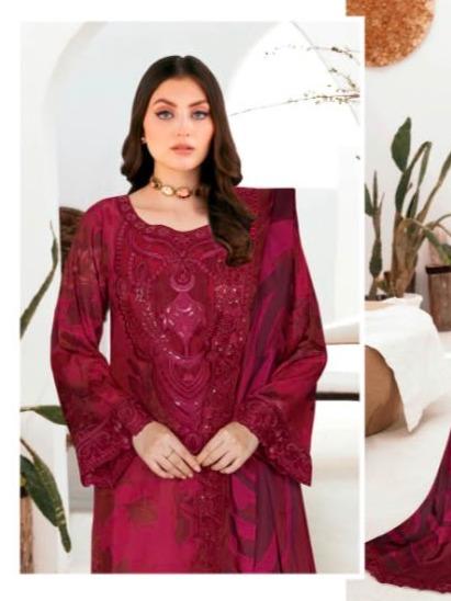 Deep Berry Magenta Printed Raw Silk 3-Piece Suit Riwaj J-610