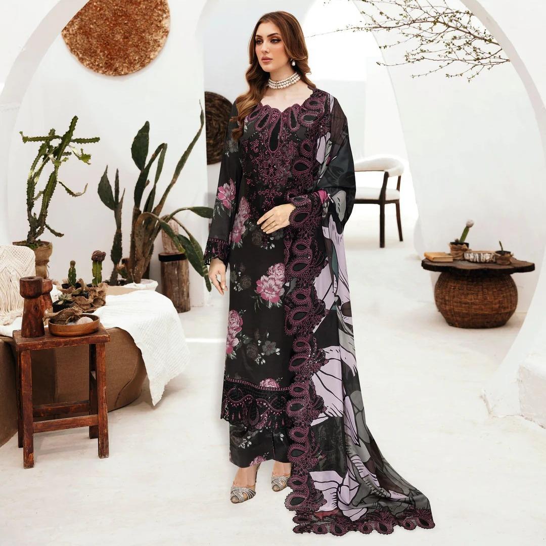 Black Printed Raw Silk 3-Piece Suit Riwaj J-604