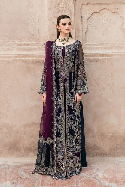 Deep Blue net open front shirt suit with heavy embroidery and sequins – stitched Pakistani partywear