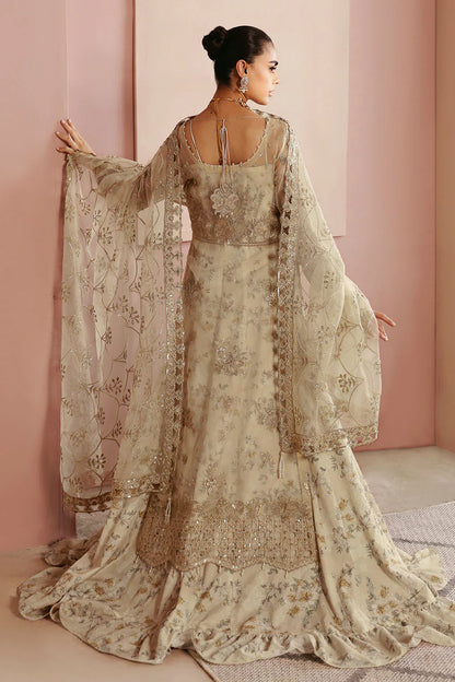 Beige Gold Embroidered Organza Front-Open Gown Suit | Raw Silk Trouser & Dupatta – Readymade Pakistani Wedding Dress UK | Ramsha Festive E-202 - View 2