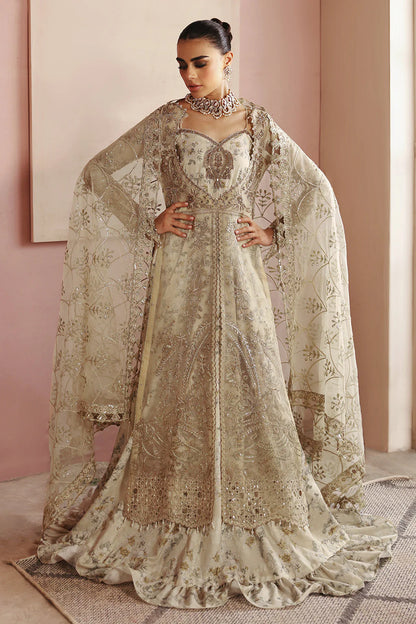 Beige Gold Embroidered Organza Front-Open Gown Suit | Raw Silk Trouser & Dupatta – Readymade Pakistani Wedding Dress UK | Ramsha Festive E-202 - View 3