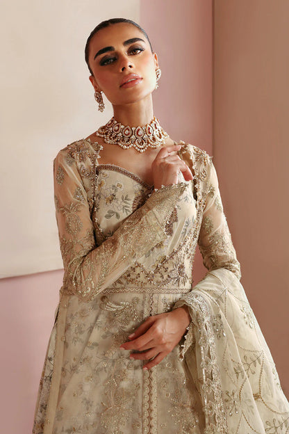 Beige Gold Embroidered Organza Front-Open Gown Suit | Raw Silk Trouser & Dupatta – Readymade Pakistani Wedding Dress UK | Ramsha Festive E-202 - View 4