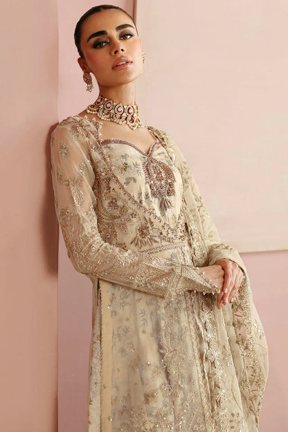 Beige Gold Embroidered Organza Front-Open Gown Suit | Raw Silk Trouser & Dupatta – Readymade Pakistani Wedding Dress UK | Ramsha Festive E-202 - View 5