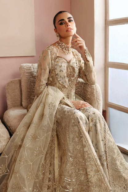 Beige Gold Embroidered Organza Front-Open Gown Suit | Raw Silk Trouser & Dupatta – Readymade Pakistani Wedding Dress UK | Ramsha Festive E-202 - View 6