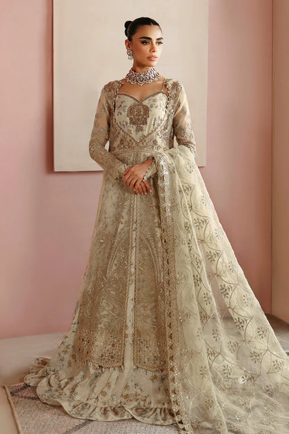 Beige Gold Embroidered Organza Front-Open Gown Suit | Raw Silk Trouser & Dupatta – Readymade Pakistani Wedding Dress UK | Ramsha Festive E-202 - View 1