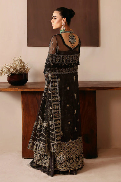 Black with Gold Embroidery Embroidered Organza Gown Suit | Raw Silk Trouser & Net Dupatta – Stitched Pakistani Partywear UK | Ramsha Festive E-203 - View 2
