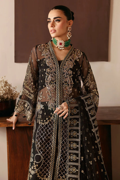 Black with Gold Embroidery Embroidered Organza Gown Suit | Raw Silk Trouser & Net Dupatta – Stitched Pakistani Partywear UK | Ramsha Festive E-203 - View 3