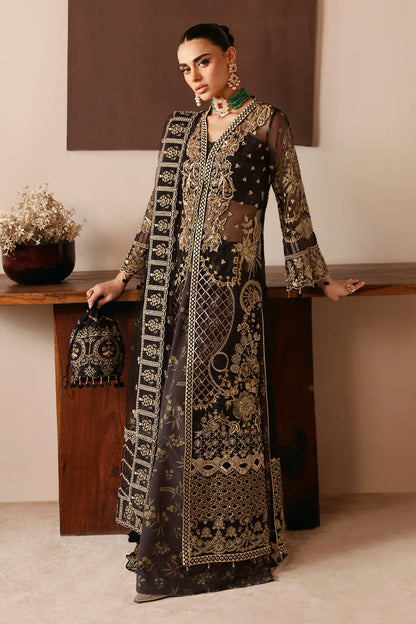 Black with Gold Embroidery Embroidered Organza Gown Suit | Raw Silk Trouser & Net Dupatta – Stitched Pakistani Partywear UK | Ramsha Festive E-203 - View 4