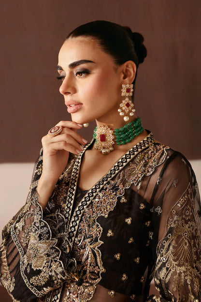 Black with Gold Embroidery Embroidered Organza Gown Suit | Raw Silk Trouser & Net Dupatta – Stitched Pakistani Partywear UK | Ramsha Festive E-203 - View 5
