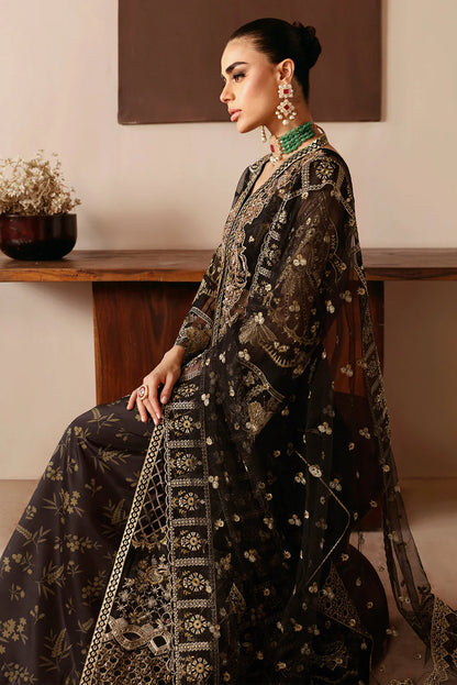 Black with Gold Embroidery Embroidered Organza Gown Suit | Raw Silk Trouser & Net Dupatta – Stitched Pakistani Partywear UK | Ramsha Festive E-203 - View 6