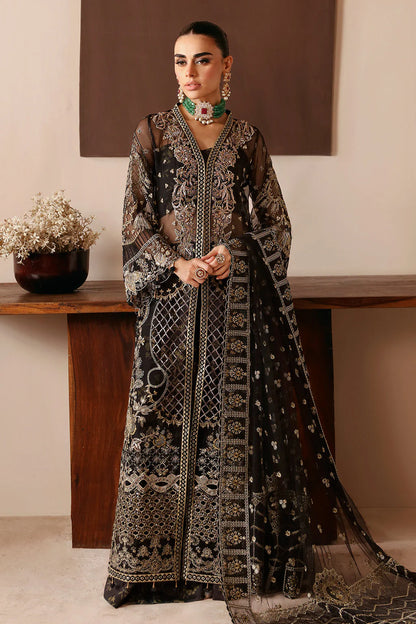 Black with Gold Embroidery Embroidered Organza Gown Suit | Raw Silk Trouser & Net Dupatta – Stitched Pakistani Partywear UK | Ramsha Festive E-203 - View 1