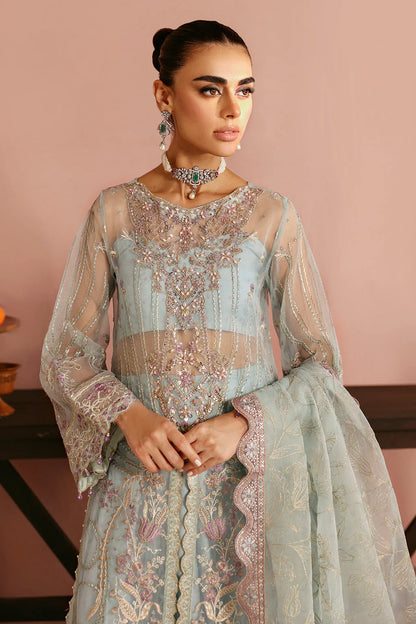 Aqua Blue Embroidered Organza Gown Suit | Raw Silk Trouser & Dupatta – Ready to Wear Pakistani Wedding Dress UK | Ramsha Festive E-204 - View 3