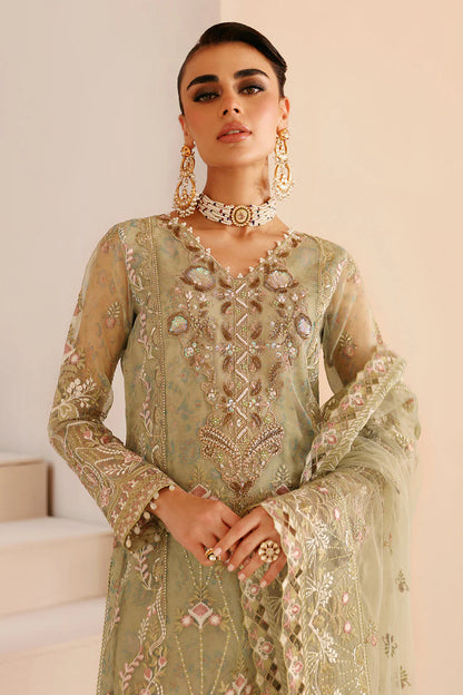 Champagne Embroidered Organza Gown Suit | Raw Silk Trouser & Net Dupatta – Ready to Wear Pakistani Formal Dress UK | Ramsha Festive E-208 - View 3
