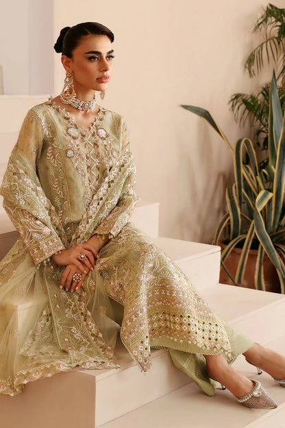 Champagne Embroidered Organza Gown Suit | Raw Silk Trouser & Net Dupatta – Ready to Wear Pakistani Formal Dress UK | Ramsha Festive E-208 - View 4