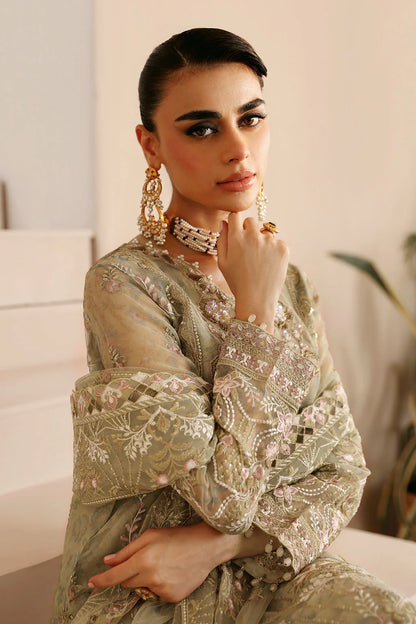 Champagne Embroidered Organza Gown Suit | Raw Silk Trouser & Net Dupatta – Ready to Wear Pakistani Formal Dress UK | Ramsha Festive E-208 - View 5