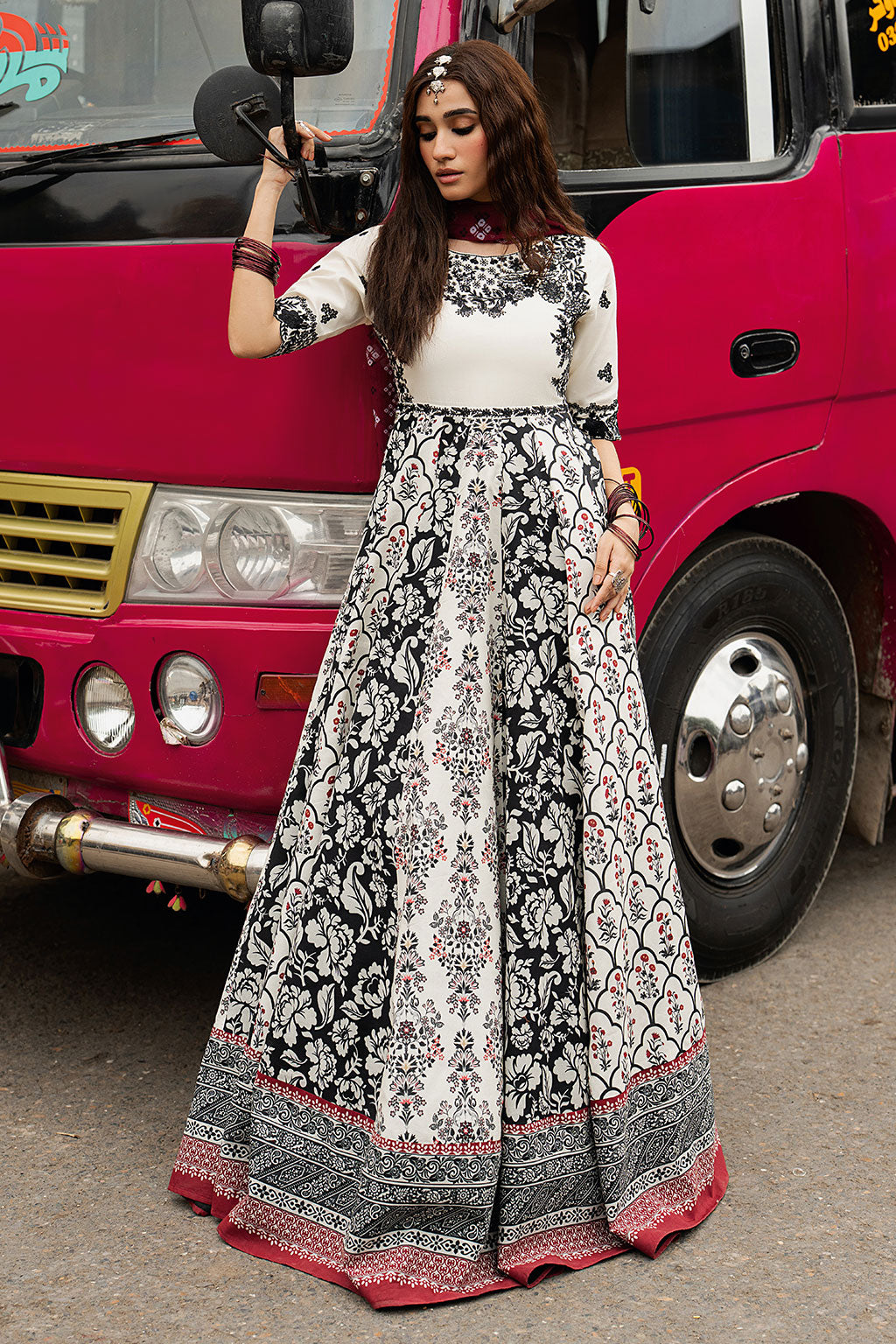 Ivory White Embroidered & Digital Printed Lawn 21-Panel Anarkali Peshwaz with Chiffon Dupatta – Stitched Pakistani Dress UK | Shagna Ek Dopahar SP-101 (Ada) - View 1