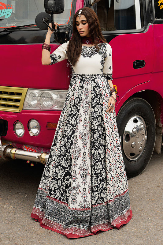Ivory White Embroidered & Digital Printed Lawn 21-Panel Anarkali Peshwaz with Chiffon Dupatta – Stitched Pakistani Dress UK | Shagna Ek Dopahar SP-101 (Ada) - View 1
