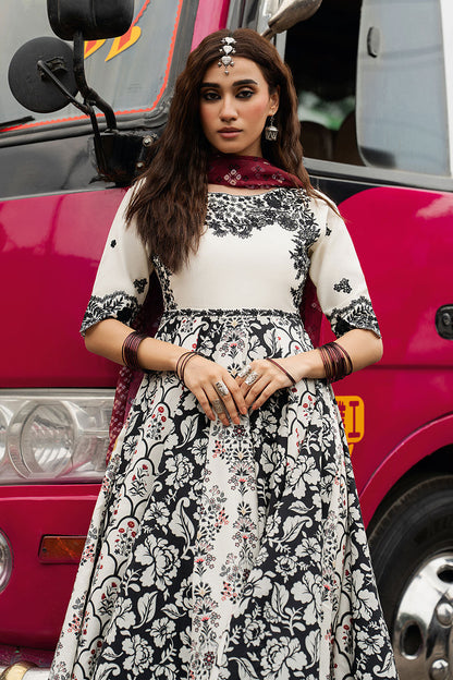 Ivory White Embroidered & Digital Printed Lawn 21-Panel Anarkali Peshwaz with Chiffon Dupatta – Stitched Pakistani Dress UK | Shagna Ek Dopahar SP-101 (Ada) - View 3