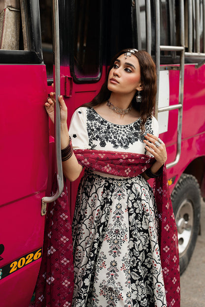 Ivory White Embroidered & Digital Printed Lawn 21-Panel Anarkali Peshwaz with Chiffon Dupatta – Stitched Pakistani Dress UK | Shagna Ek Dopahar SP-101 (Ada) - View 4