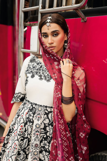 Ivory White Embroidered & Digital Printed Lawn 21-Panel Anarkali Peshwaz with Chiffon Dupatta – Stitched Pakistani Dress UK | Shagna Ek Dopahar SP-101 (Ada) - View 6