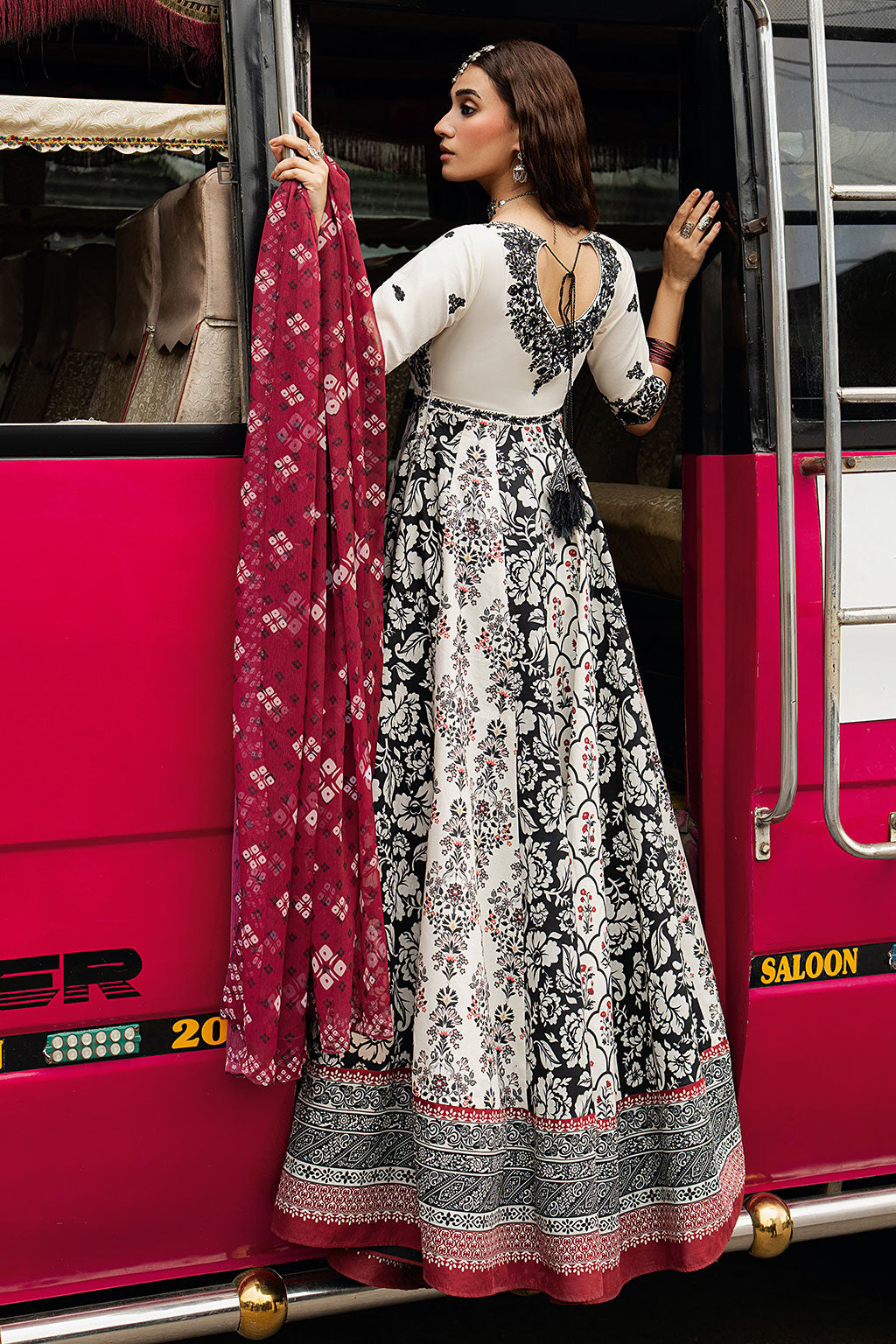 Ivory White Embroidered & Digital Printed Lawn 21-Panel Anarkali Peshwaz with Chiffon Dupatta – Stitched Pakistani Dress UK | Shagna Ek Dopahar SP-101 (Ada) - View 7