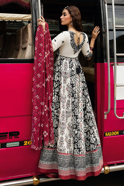 Ivory White Embroidered & Digital Printed Lawn 21-Panel Anarkali Peshwaz with Chiffon Dupatta – Stitched Pakistani Dress UK | Shagna Ek Dopahar SP-101 (Ada) - View 7