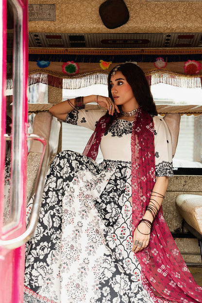 Ivory White Embroidered & Digital Printed Lawn 21-Panel Anarkali Peshwaz with Chiffon Dupatta – Stitched Pakistani Dress UK | Shagna Ek Dopahar SP-101 (Ada) - View 8