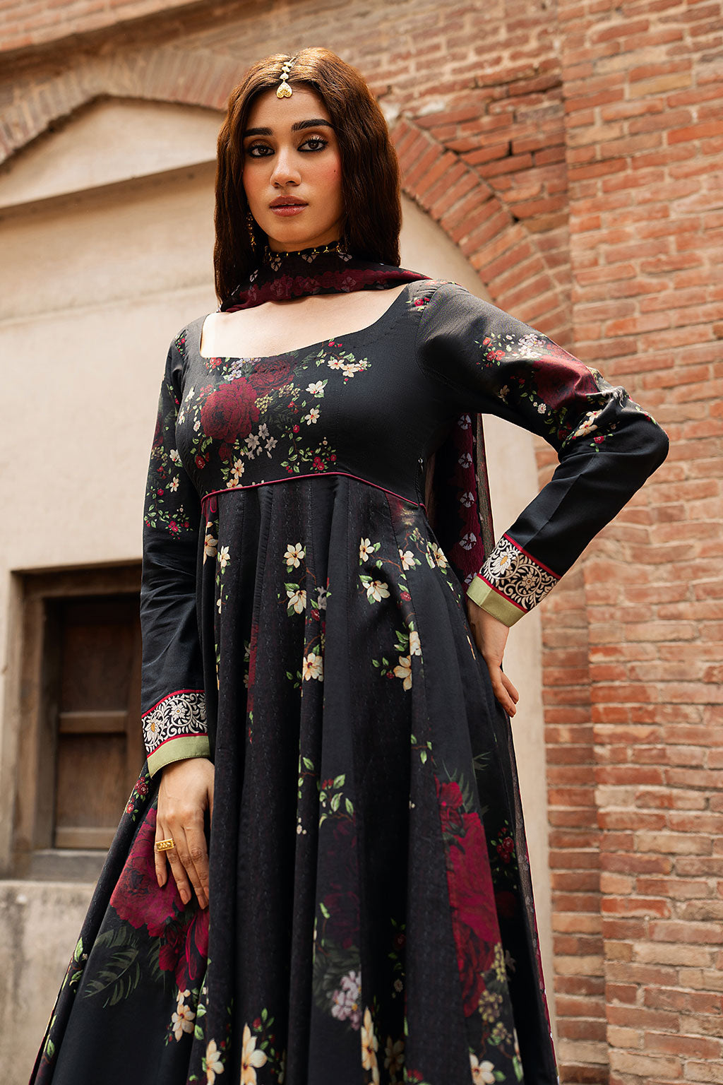 Black Digital Printed Lawn 21-Panel Anarkali Peshwaz with Chiffon Dupatta – Ready to Wear Pakistani Dress UK | Shagna Ek Dopahar SP-106 (Kali Raat) - View 8