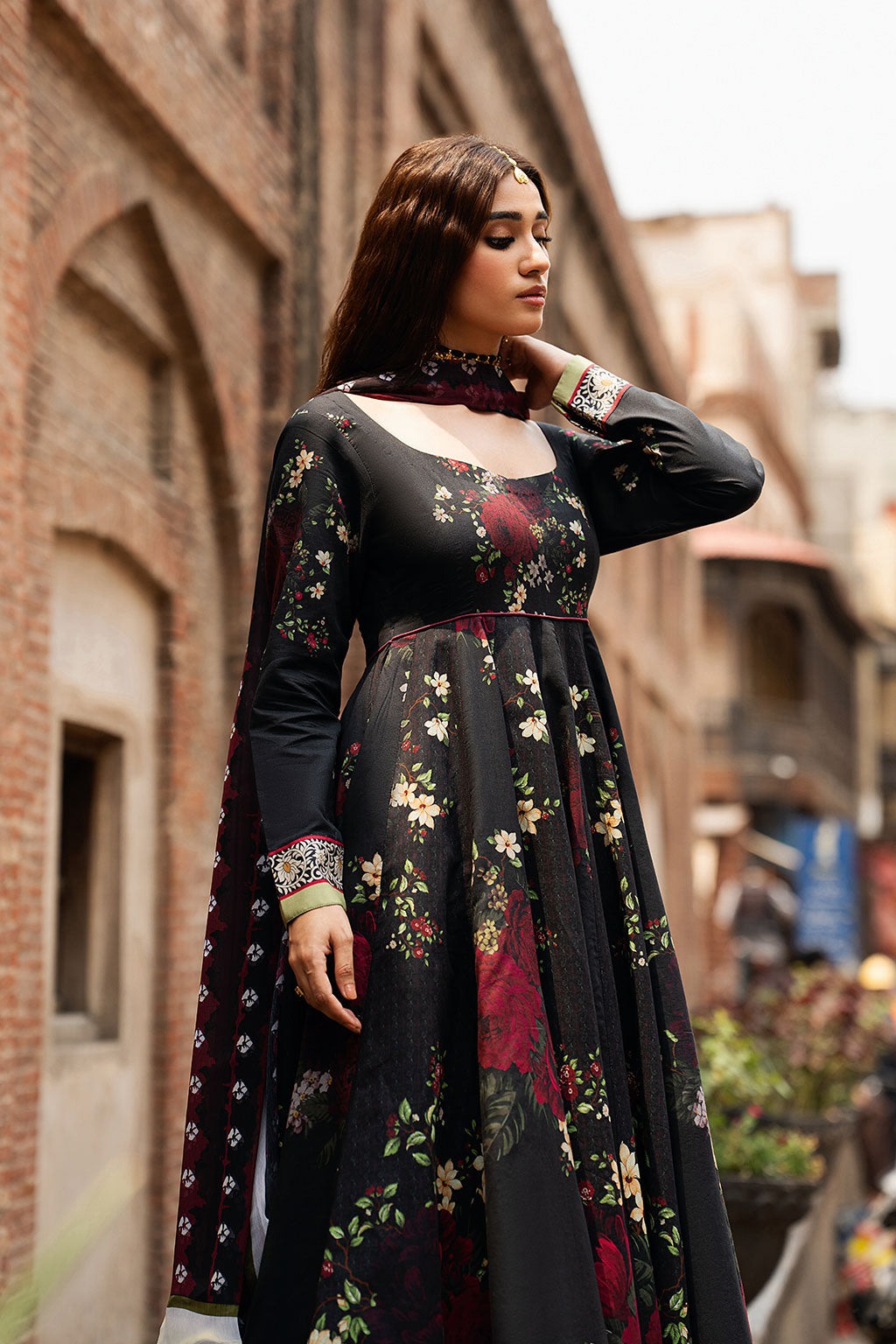 Black Digital Printed Lawn 21-Panel Anarkali Peshwaz with Chiffon Dupatta – Ready to Wear Pakistani Dress UK | Shagna Ek Dopahar SP-106 (Kali Raat) - View 2