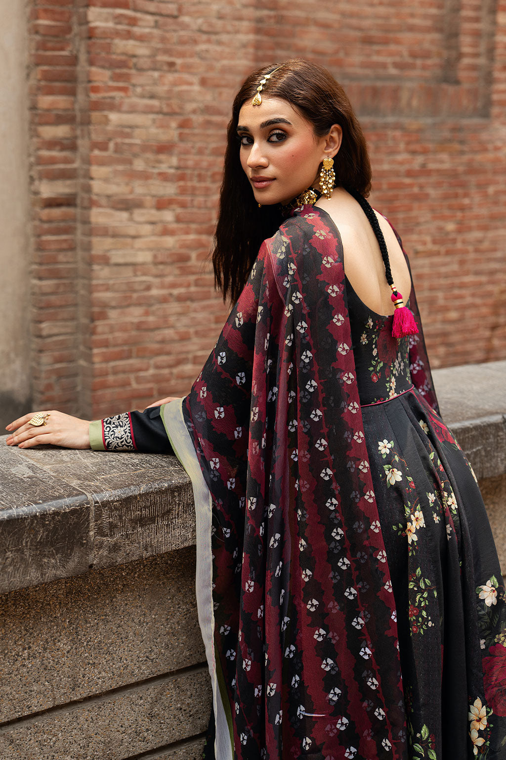 Black Digital Printed Lawn 21-Panel Anarkali Peshwaz with Chiffon Dupatta – Ready to Wear Pakistani Dress UK | Shagna Ek Dopahar SP-106 (Kali Raat) - View 4
