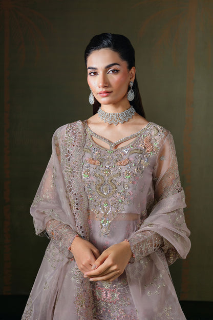 Grey Lilac Embroidered Organza 3-Piece Suit | Raw Silk Trouser & Organza Dupatta – Readymade Pakistani Partywear UK | Ramsha Festive E-308 - View 5