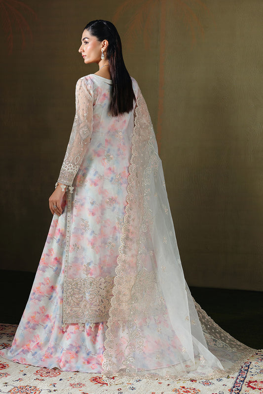 White Net Gown with Pink Floral Undershirt | Ramsha E-306 – View 2